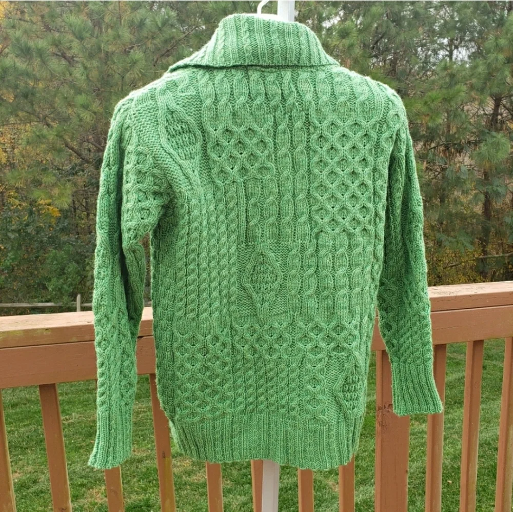 Aran Crafts Ireland green Merino wool chunky cable knit Cardigan one button S